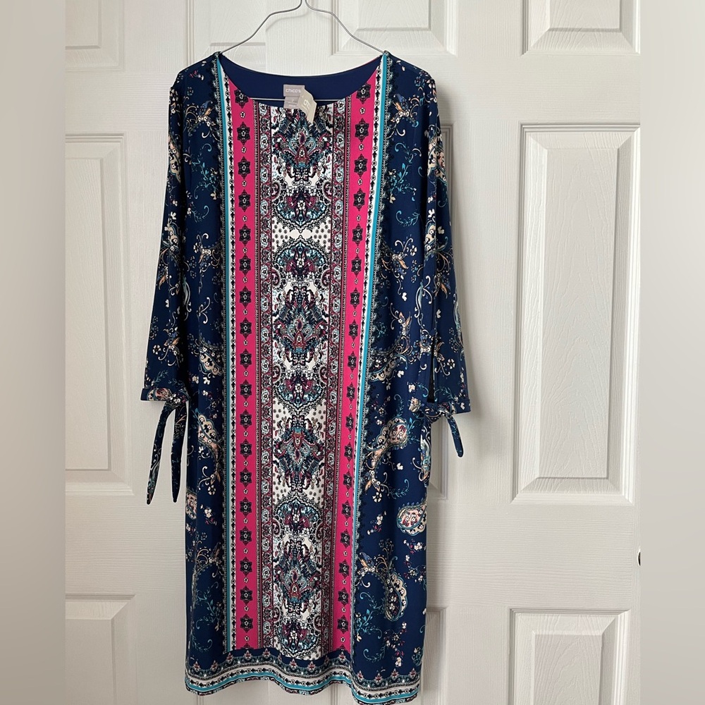 Chicos Multicolor Pink & Blue Dress With lining Size 2 US L Split Tie Sleeves
